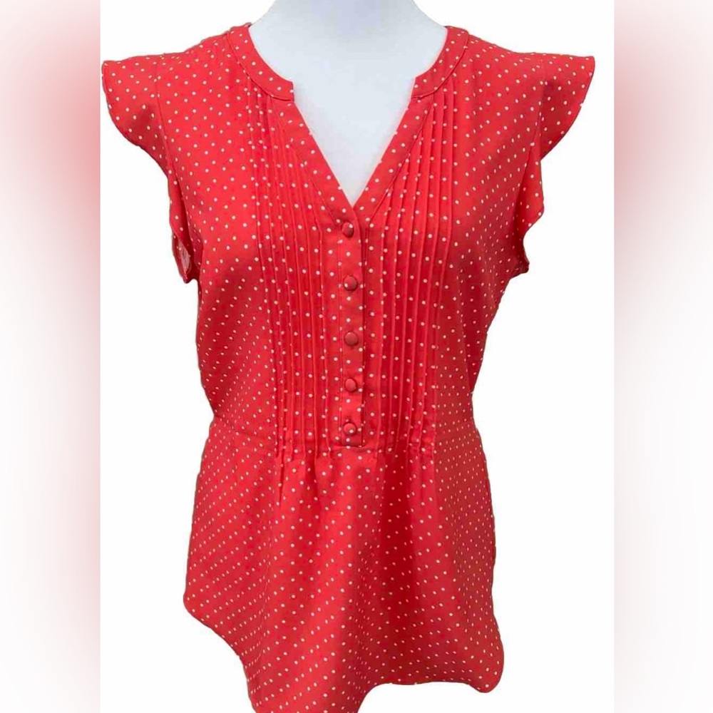 MODCLOTH Coral Orange Polka Dot Summer  Blouse With Tie Back Size Small